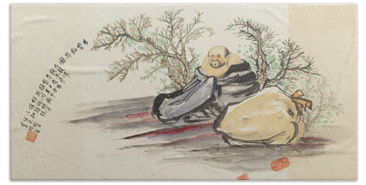 Chinese Watercolor Hand Towel featuring the painting Happy Wandering Buddha #3 by Jenny Sanders