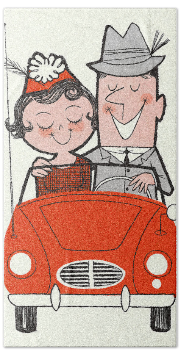 Accessories Hand Towel featuring the drawing Happy Couple Riding in a Car by CSA Images