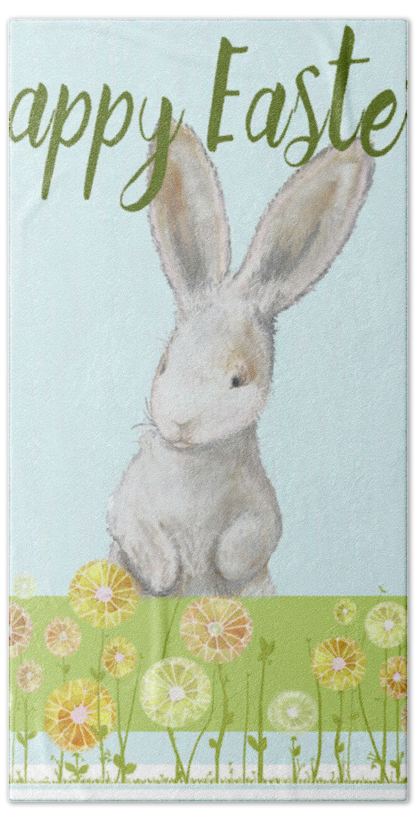 Happy Hand Towel featuring the mixed media Happy Easter Bunny I by Diannart