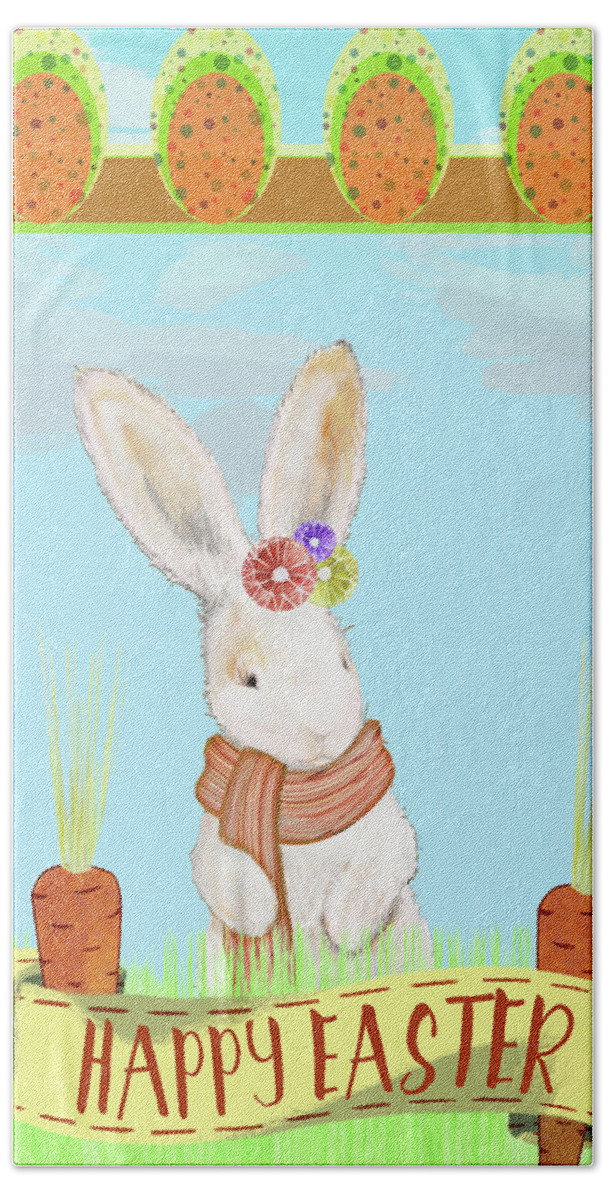 Happy Hand Towel featuring the mixed media Happy Easter Bunny Iv by Diannart