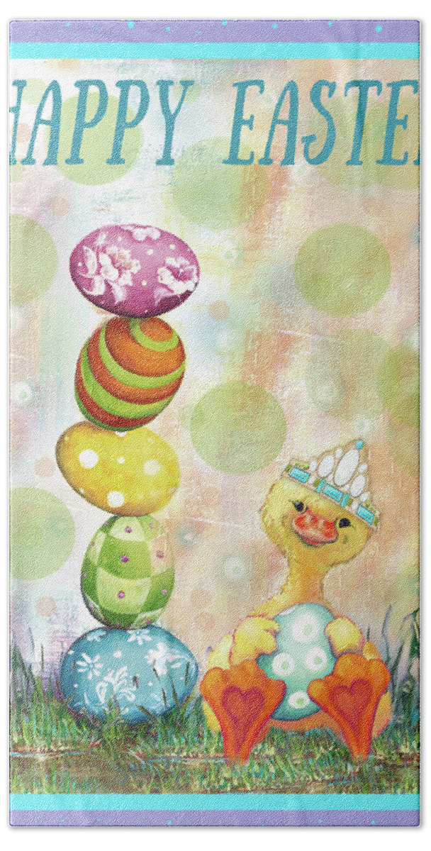 Happy Hand Towel featuring the mixed media Happy Easter Eggs by Diannart