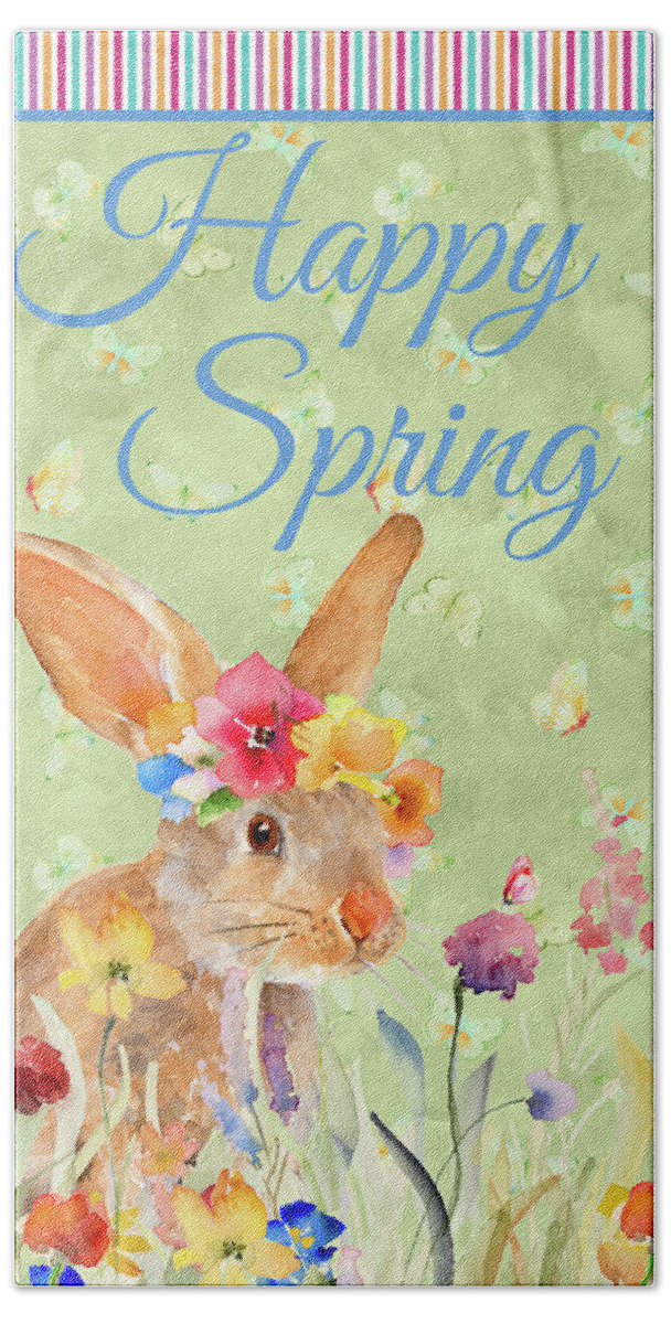 Happy Hand Towel featuring the mixed media Happy Spring Bunny by Lanie Loreth