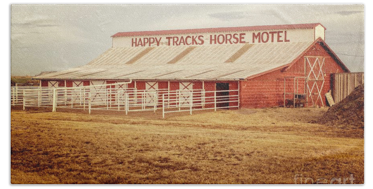 Happy Tracks Horse Motel Bath Towel featuring the photograph Happy Tracks Horse Motel by Imagery by Charly