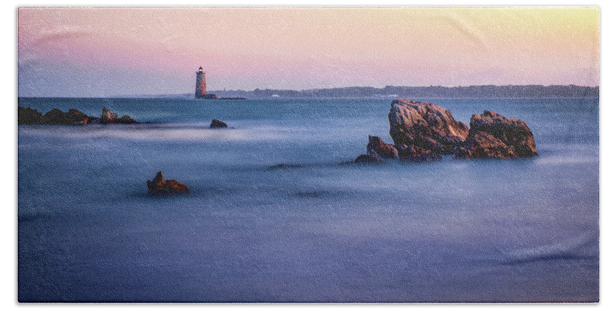 Blue Hour Bath Towel featuring the photograph Harbor Light by Jeff Sinon