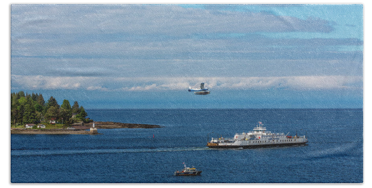 Bc Ferries Bath Towel featuring the photograph Harbor Patrol Sea Plane and Ferry by Darryl Brooks