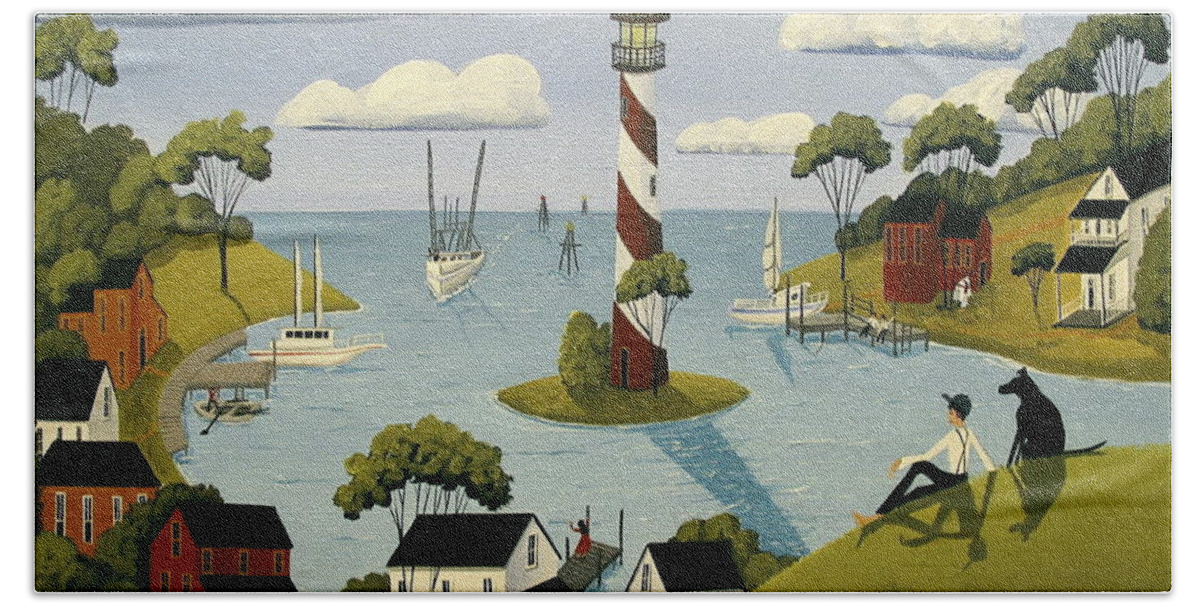 Harbor Bath Towel featuring the painting Harbor Town - folk art painting by Debbie Criswell