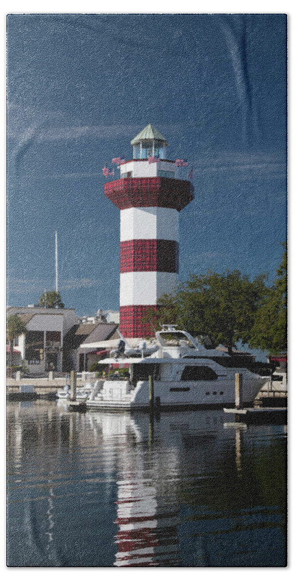 Harbour Town Bath Towel featuring the photograph Harbour Town Lighthouse on Christmas Morning 2018 No. 1063 by Dennis Schmidt