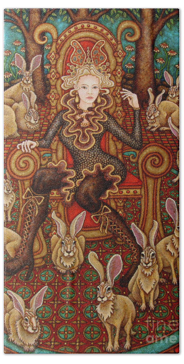 Hare Bath Towel featuring the painting Hare Majesty Awaits by Amy E Fraser
