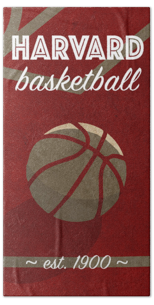 Harvard Bath Towel featuring the mixed media Harvard University Retro College Basketball Team Poster by Design Turnpike