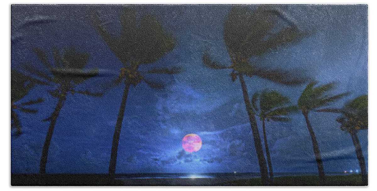 Moon Hand Towel featuring the photograph Harvest Moon at the Beach by Mark Andrew Thomas