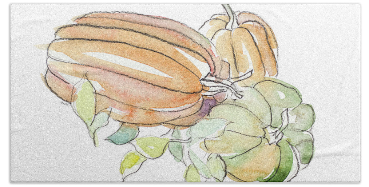 Harvest Bath Towel featuring the mixed media Harvest Pumpkin And Squash I by Lanie Loreth