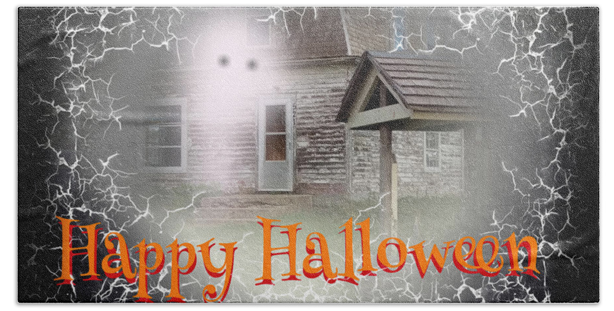 Haunted House Bath Towel featuring the digital art Haunted House Happy Halloween Card by Delynn Addams
