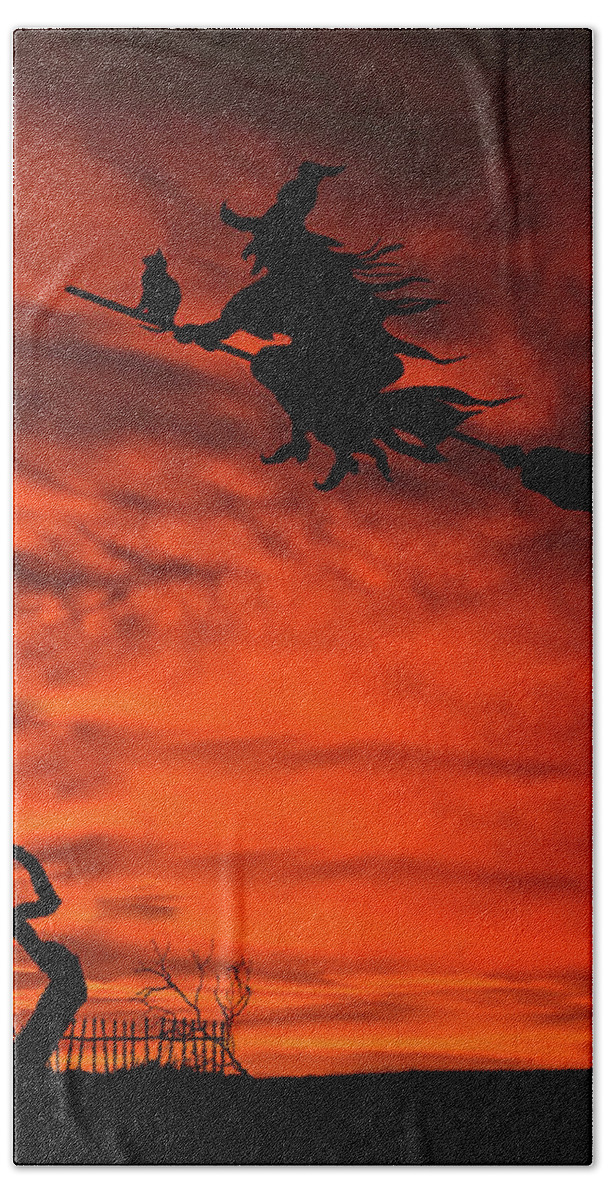 Halloween Bath Towel featuring the mixed media Haunted House Sunset Silhouette by David Dehner