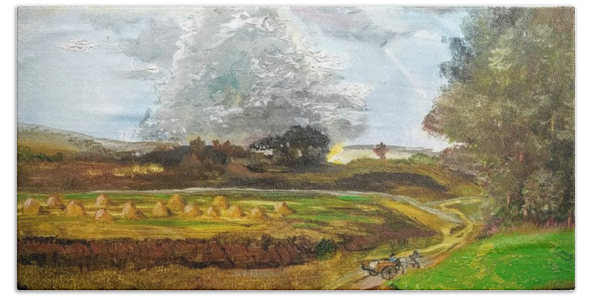 Landscape Hand Towel featuring the painting Haying Time by Mike Benton