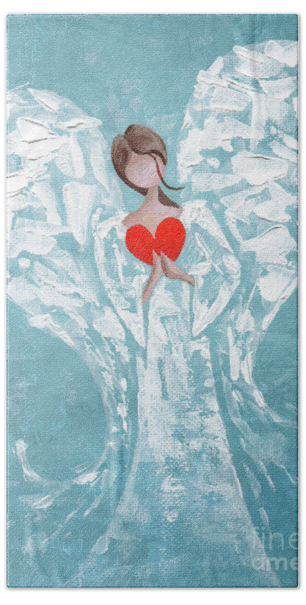 Painting Bath Towel featuring the painting Heard on High Angel - blue heart by Annie Troe