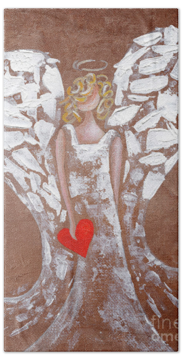 Angel Bath Towel featuring the painting Heard on High Angel - brown heart by Annie Troe