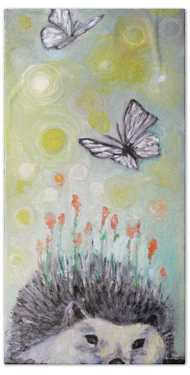 Hedgehug Bath Towel featuring the painting HedgeHugflower by Manami Lingerfelt