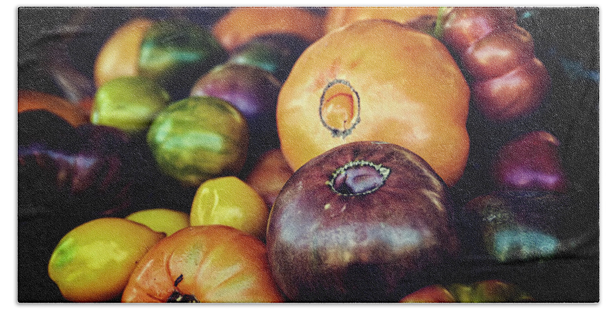Fruit Hand Towel featuring the photograph Heirloom Tomatoes at the Farmers Market by Scott Norris