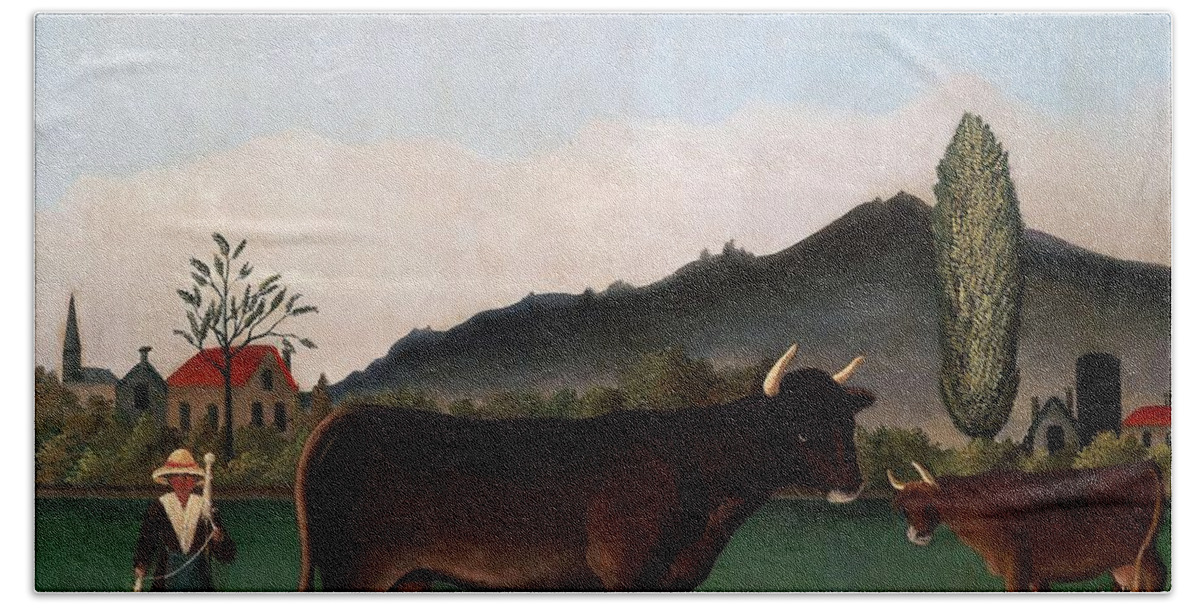 Henri Rousseau Bath Towel featuring the painting Henri Rousseau / 'Landscape with Cattle', c. 1900, Oil on canvas, 50 x 65 cm. by Henri Rousseau -1844-1910-