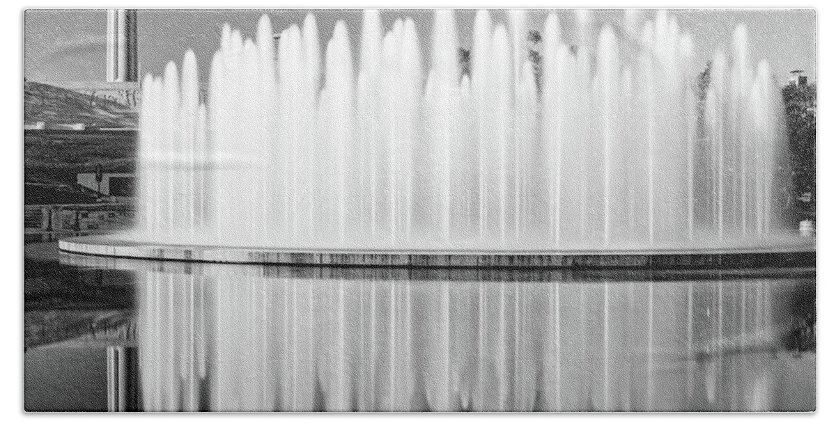 America Hand Towel featuring the photograph Henry Wollman Bloch Fountain and Liberty Memorial - Square Monochrome by Gregory Ballos