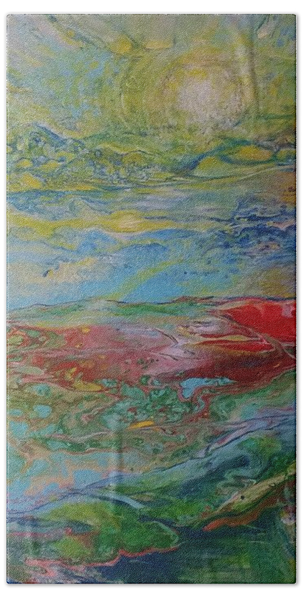 Acrylic Pour Hand Towel featuring the painting Here Comes The Sun by Deborah Nell