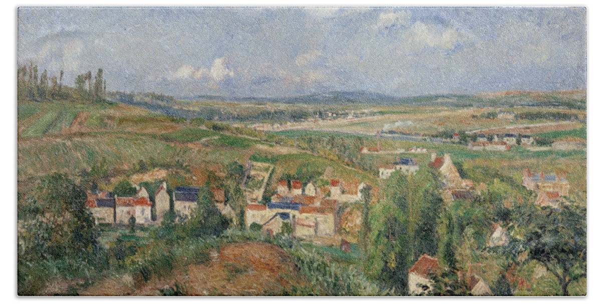 Camille Pissarro Bath Towel featuring the painting Hermitage in Summer, Pontoise, 1877 by Camille Pissarro