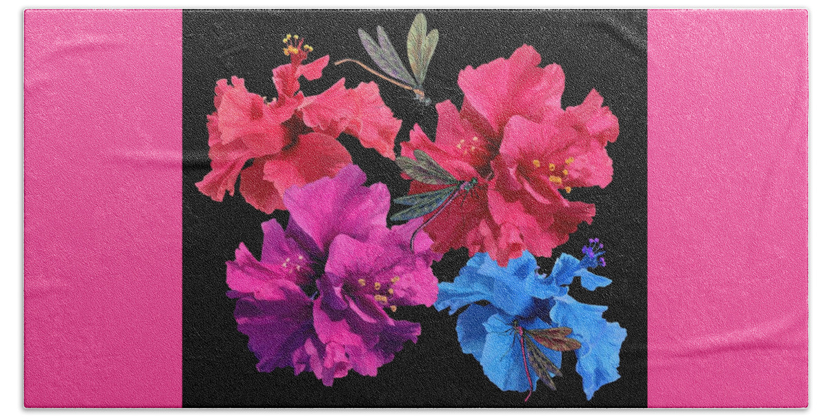 Hibiscus Bath Towel featuring the drawing Hibiscus Dragonfly by Joan Stratton