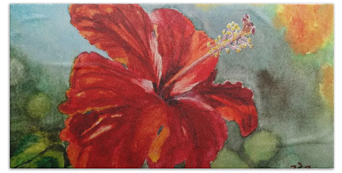 Hibiscus Hand Towel featuring the painting Red Hibiscus by Helian Cornwell
