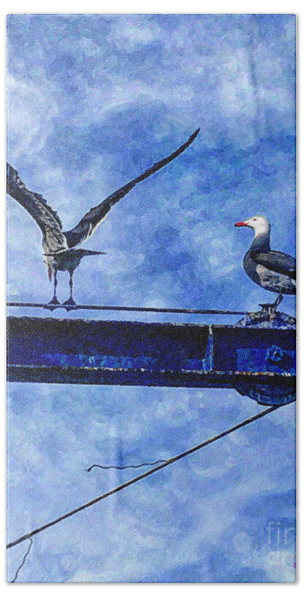 Ports O' Call Hand Towel featuring the digital art High Diving Gulls by Rhonda Strickland