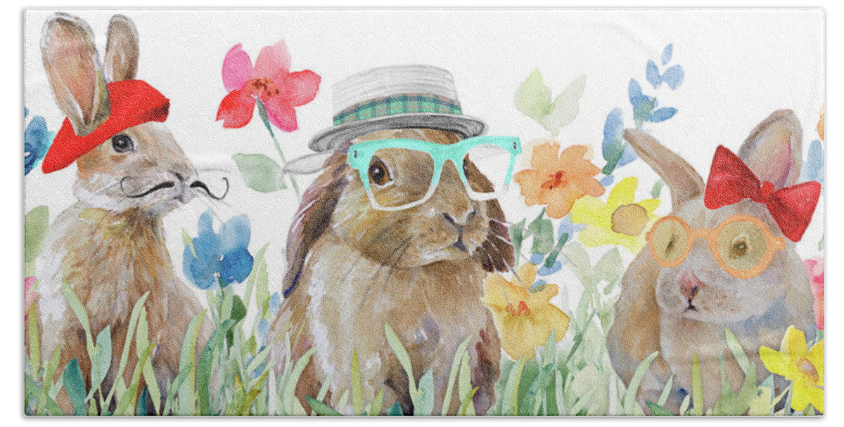 Bunny Hand Towel featuring the mixed media Hipster Bunny Spring by Lanie Loreth