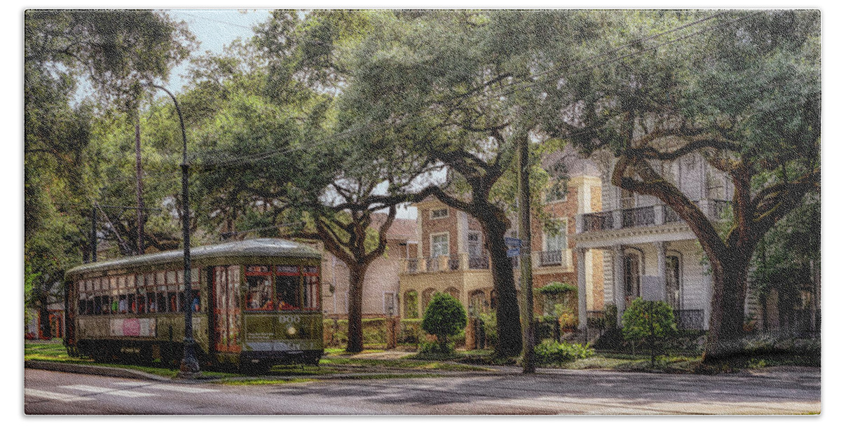 Garden District Hand Towel featuring the photograph Historic St. Charles Streetcar by Susan Rissi Tregoning