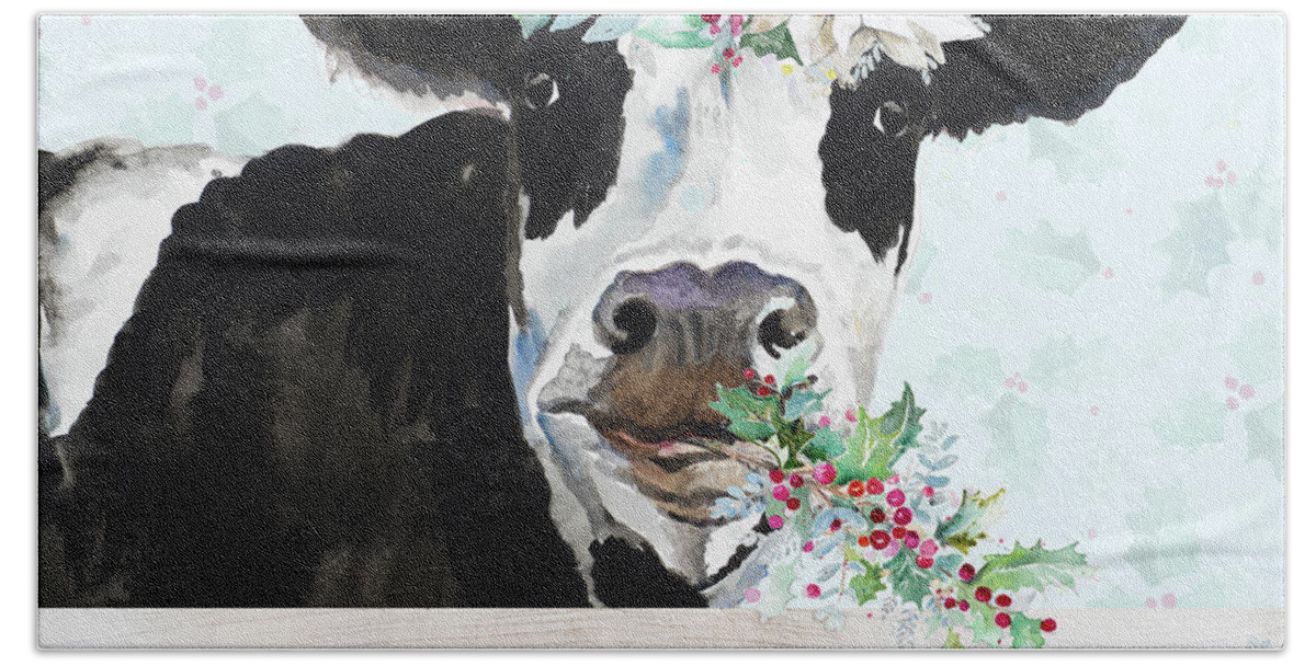 Holiday Hand Towel featuring the painting Holiday Crazy Cow by Patricia Pinto