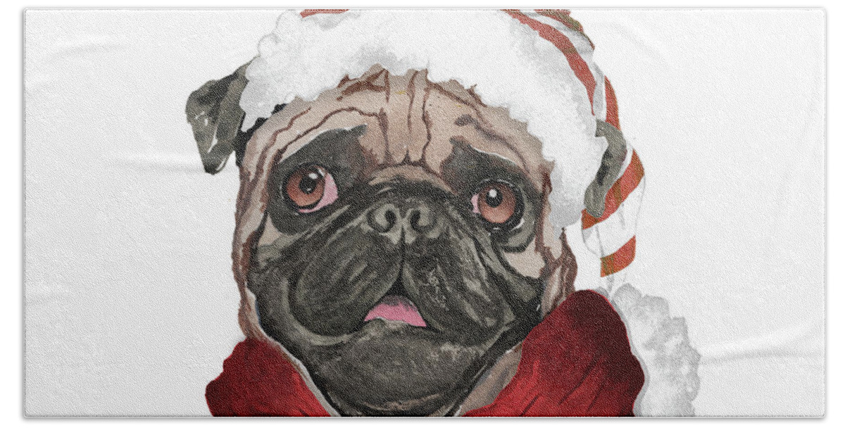 Holiday Hand Towel featuring the painting Holiday Pug by Elizabeth Medley