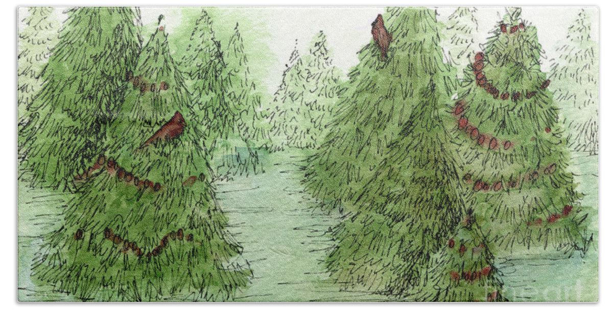 Holiday Trees Hand Towel featuring the painting Holiday Trees Woodland Landscape Illustration by Laurie Rohner