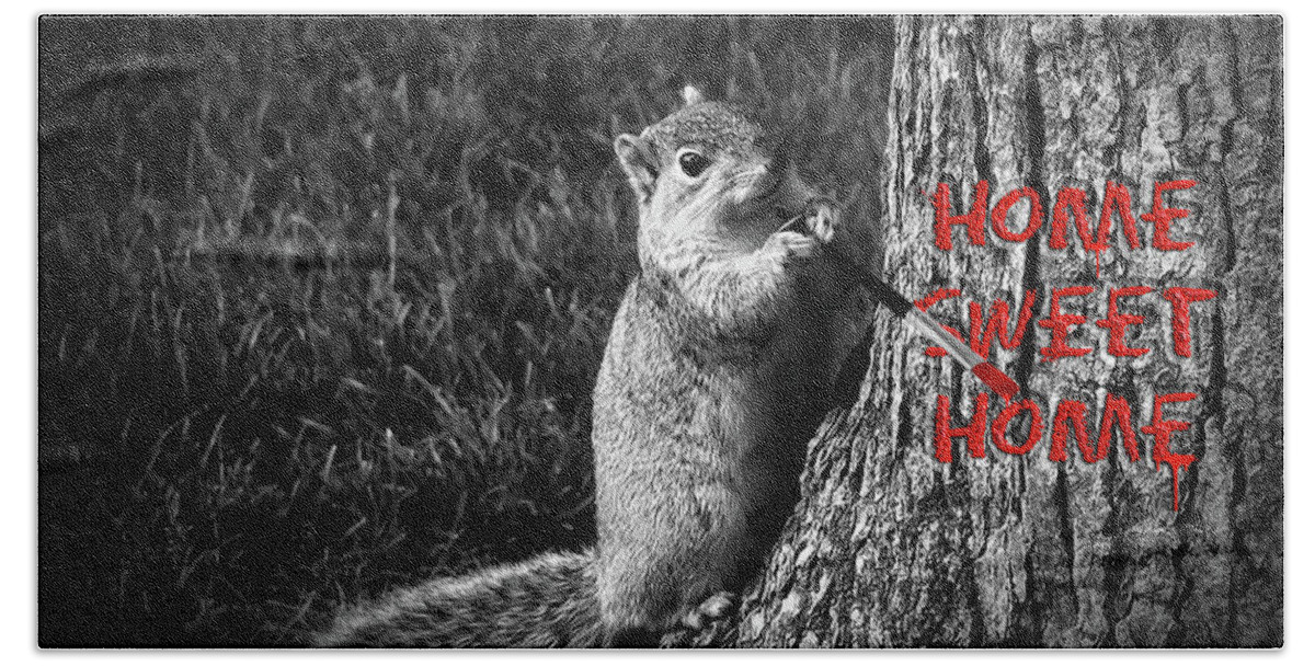 Home Sweet Home Is A Fun Digital Creation With A Squirrel Painting Home Sweet Home In Red On A Tree. Hand Towel featuring the digital art Home Sweet Home by Doreen Erhardt
