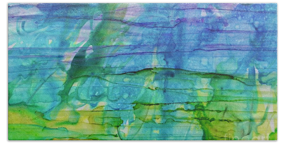 Abstract Bath Towel featuring the painting Horizontal Sea of Wonder by Christine Chin-Fook
