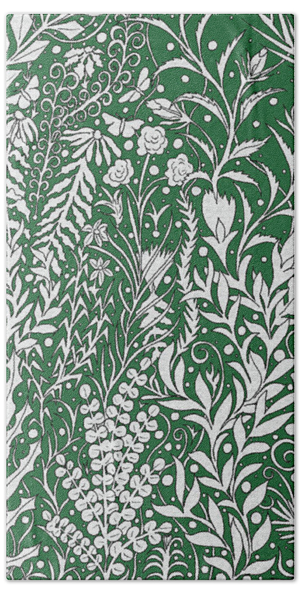 Lise Winne Bath Towel featuring the tapestry - textile Horizontal Tapestry Design In Green With Flowers, Leaves And Small Butterflies by Lise Winne