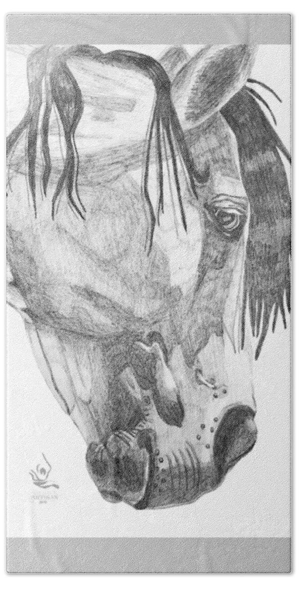 Horse Drawing Hand Towel featuring the drawing Horse Head Study by Equus Artisan