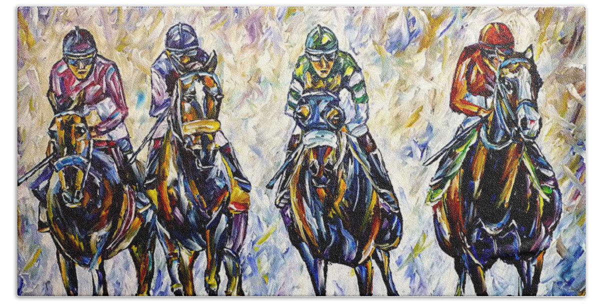 I Love Horses Hand Towel featuring the painting Horse Race by Mirek Kuzniar