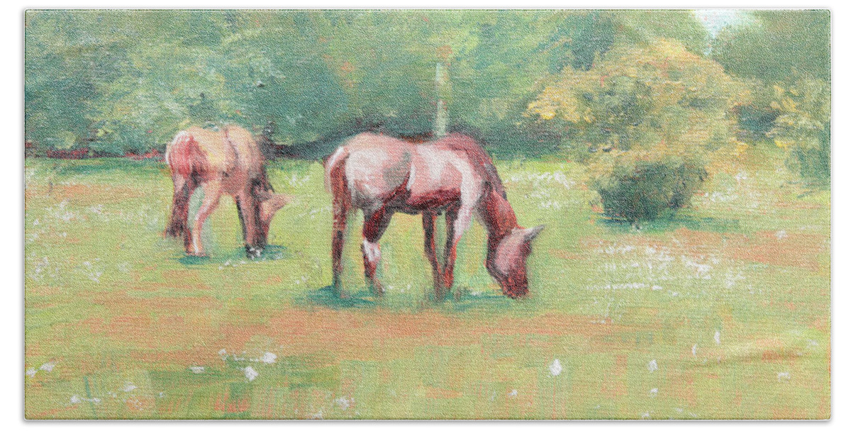 Horses Bath Towel featuring the painting Horses in the Fields by Trina Teele