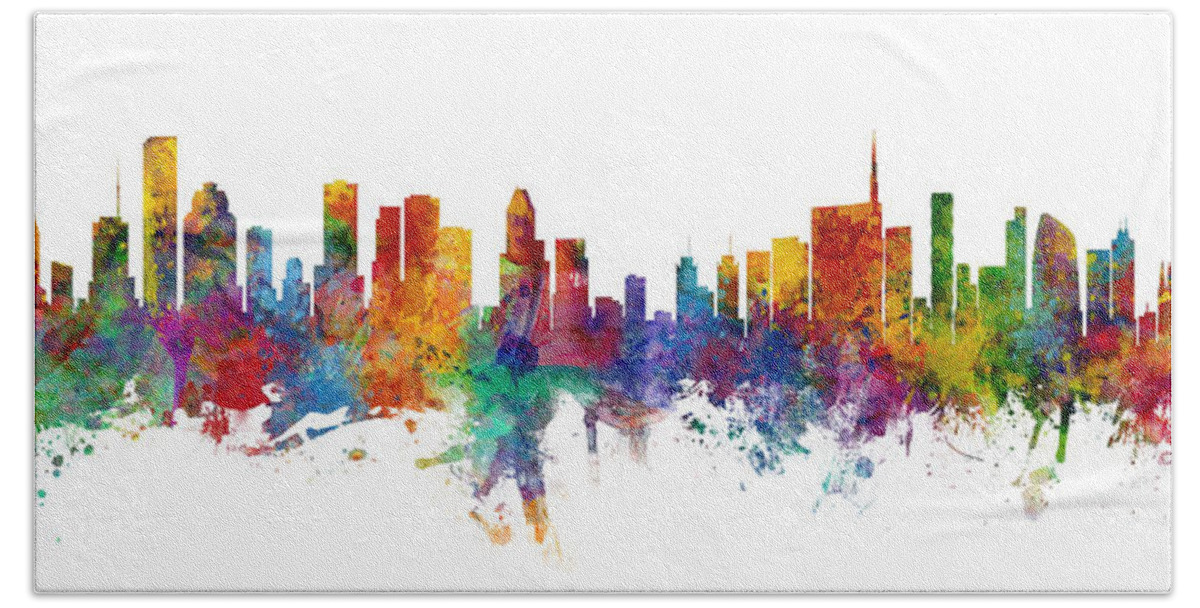 Houston Hand Towel featuring the digital art Houston and Milan Skyline Mashup by Michael Tompsett