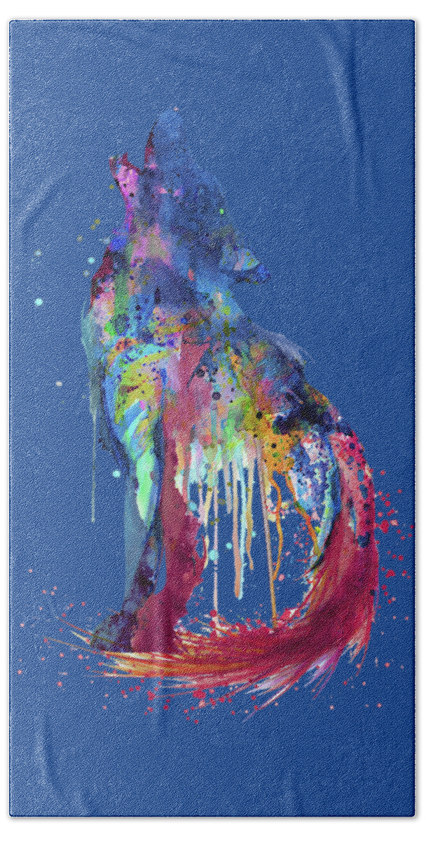 Marian Voicu Hand Towel featuring the painting Howling Wolf Watercolor Silhouette by Marian Voicu