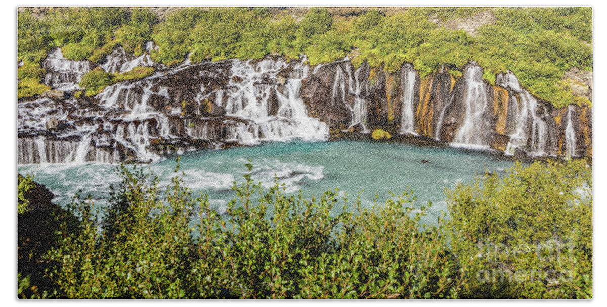 Waterfall Bath Towel featuring the photograph Hraunfossar waterfall, Iceland by Lyl Dil Creations