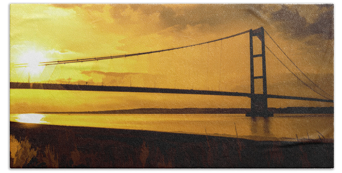 Architecture Hand Towel featuring the photograph Humber Bridge Golden Sky by Scott Lyons