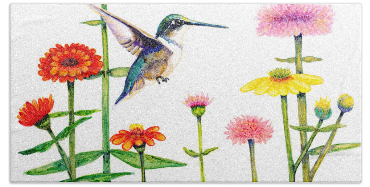 Zinnia Hand Towel featuring the painting Humming with Zinnias by Jan Killian