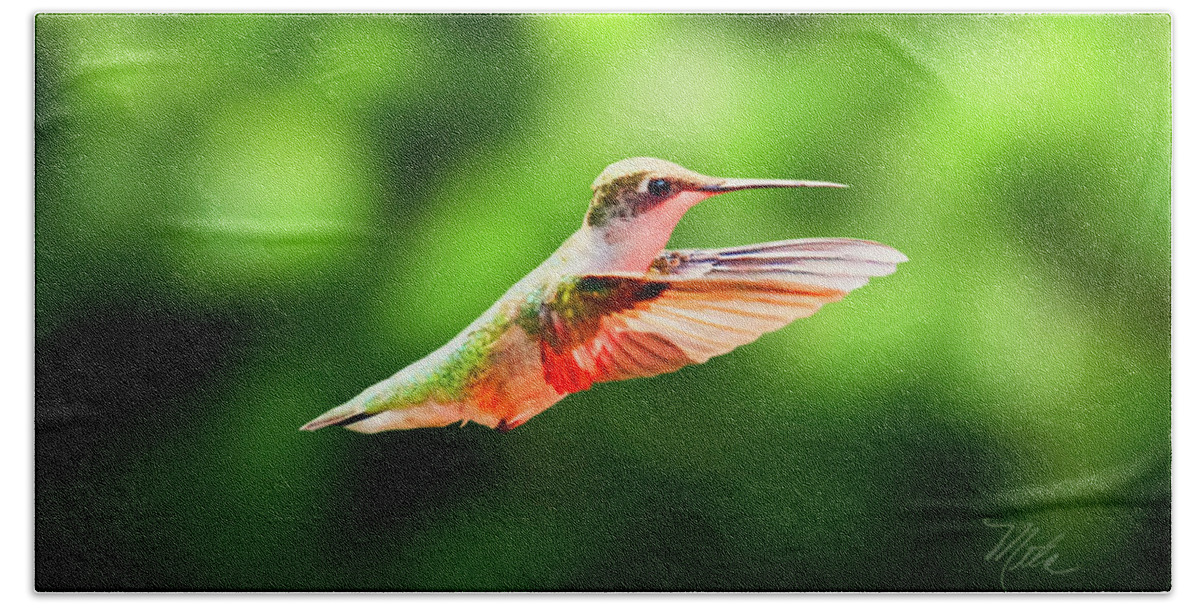 Female Ruby Throat Bath Towel featuring the photograph Hummingbird Flying by Meta Gatschenberger
