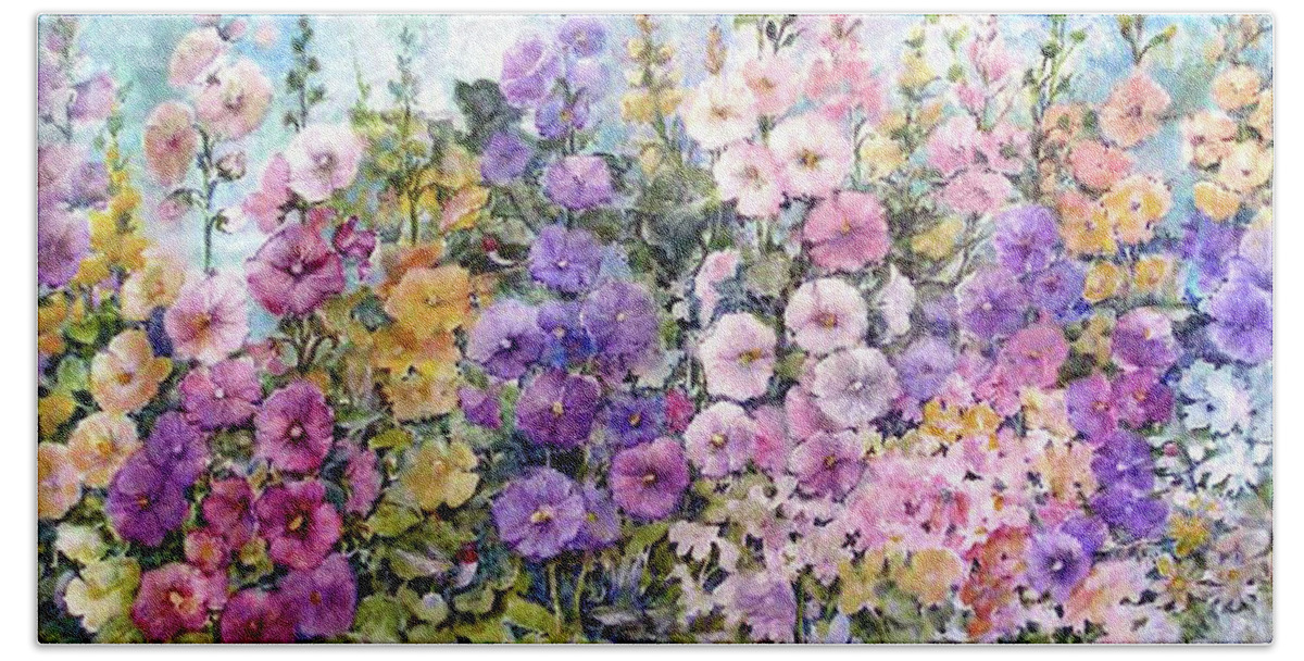 Flowers Bath Towel featuring the painting Hummingbird Heaven by Lois Mountz
