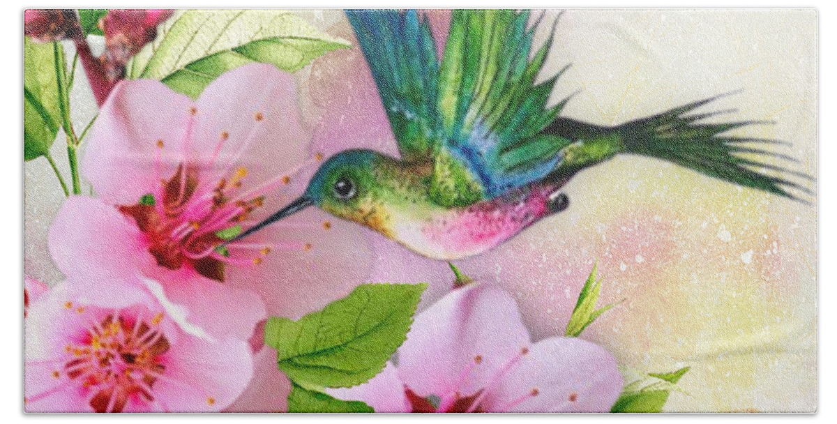 Hummingbird Hand Towel featuring the mixed media Hummingbird on Pink Blossom by Morag Bates