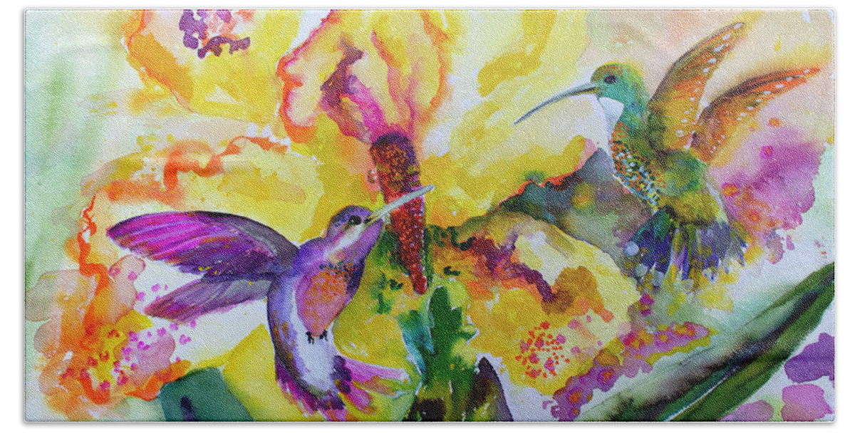 Hummingbirds Hand Towel featuring the painting Hummingbird Song Watercolor by Ginette Callaway