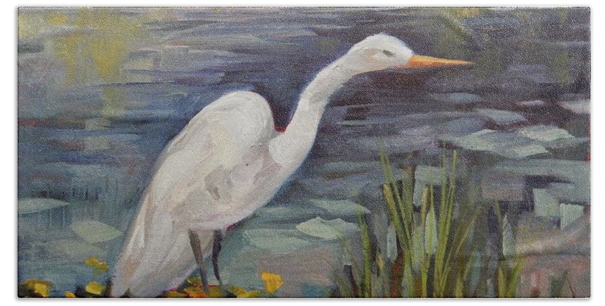 Egret Hand Towel featuring the painting Hunter in the Shallows by K M Pawelec